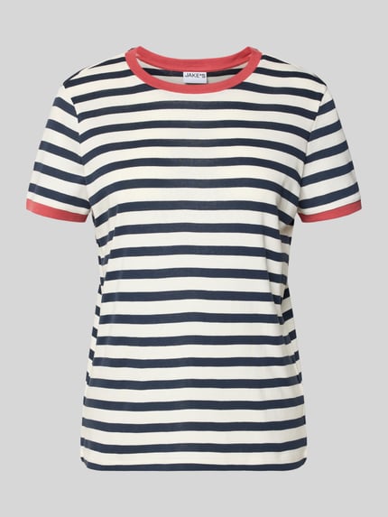 Produktfoto, T-Shirt mit Streifenmuster und Rundhalsausschnitt von Jake*s Casual aus reiner Baumwolle mit Regular Fit, navy-weiß mit roten Details, Rückenlänge 58 cm bei Größe S