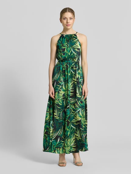 Vrouwenmodel draagt Maxikleid mit Bindegürtel van Apricot, materiaalmix met stretch, a-lijn, allover print, ceintuur, volledige voorkantaanzicht.