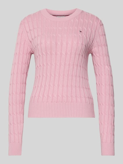 Produktfoto, Slim Fit Strickpullover aus reiner Baumwolle von Tommy Hilfiger, różowy, dzianina, wzór prążkowany, logo, krój slim fit, długie rękawy, okrągły dekolt