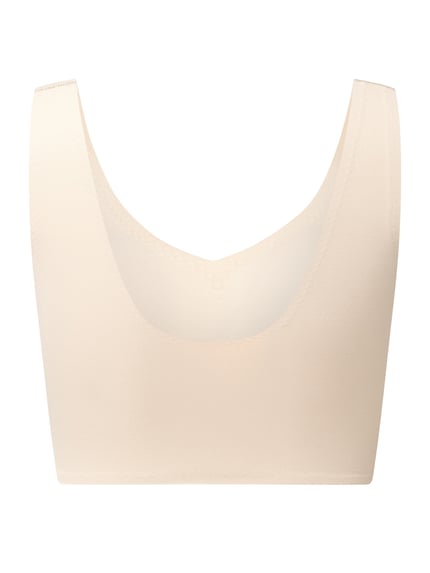 Productfoto, bustier met stretchdeel model 'INVISIBLE SOFT' van Schiesser, elastisch materiaal, beige kleur, aansluitende pasvorm, V-hals, elastische band, gewatteerde cups, uitneembare pads.