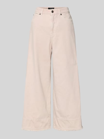Produktfoto, Wide Fit Jeans mit Lyocell-Anteil im 5-Pocket-Design von Marc Cain in Beige, Baumwoll-Lyocell-Anteil, strukturierte Oberfläche. Damen Jeans, Bundweite 36 cm, Innenbeinlänge 63 cm.