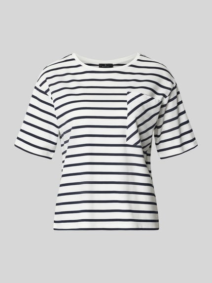 Produktfoto, T-shirt met borstzak en ronde hals van monari, mix van katoen en modal, recht model, labeldetail, ruglengte maat 36: 54 cm, wit met donkerblauwe strepen