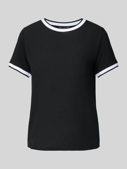 Produktfoto, Regular Fit T-Shirt aus Viskose-Mix von More & More, damski t-shirt, czarny z białymi lamówkami, okrągły dekolt, krótki rękaw, elastyczna mieszanka wiskozy, krój regular fit, długość tyłu w rozmiarze 36: 57 cm