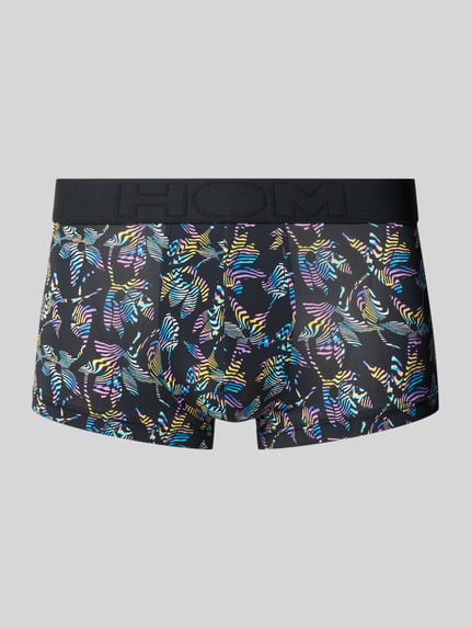 Produktfoto, Trunks mit elastischem Logo-Bund Modell 'Richard' von HOM, Baumwoll-Mix mit Stretch-Anteil, körpernaher Schnitt, bunte Muster auf schwarzem Grund