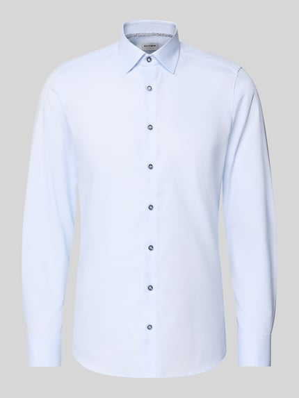 Produktfoto, hellblaues Slim Fit Businesshemd aus Baumwoll-Mix mit Kentkragen und Knopfleiste, OLYMP Level Five, Struktur fein, Langarm