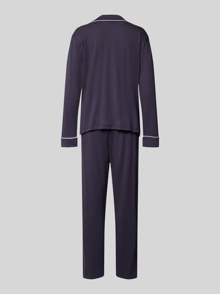 Frauenmodel trägt Pyjama aus Baumwoll-Modal-Mix von Lauren Ralph Lauren in Dunkelblau mit Kontraststreifen, Ganzkörperansicht Rückansicht.