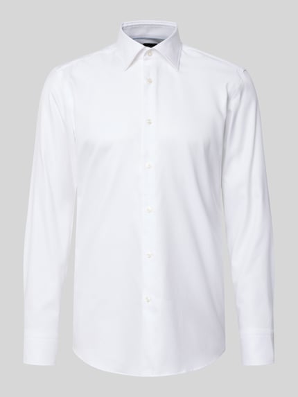 Produktfoto, weißes Slim-Fit Businesshemd aus reiner Baumwolle Modell 'H-HANK-K' von BOSS, glatte Textur, Herren Businesshemd.
