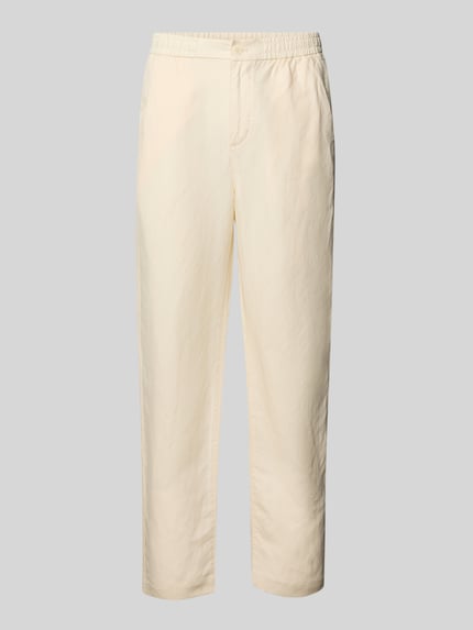 Produktfoto, Straight Leg Stoffhose aus Leinen-Mix von Lacoste, efekt: jednolity kolor, krój straight leg, mieszanka lnu, naszywka z logo, zapięcie na guzik i ukryty zamek błyskawiczny, elastyczny ściągacz z regulacją szerokości, wpuszczane kieszenie boczne, imitacja kieszeni z tyłu, cieniowana przędza