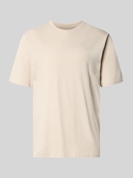 Produktfoto, Regular Fit T-Shirt aus reiner Baumwolle von Marc O'Polo in Unifarbe Beige mit Logo-Print, Rundhalsausschnitt, kurzarm.