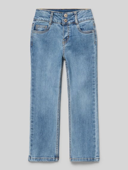 Produktfoto, Jeans mit Eingrifftaschen von Mayoral aus Baumwoll-Elasthan-Mix, Regular Fit, blaue Waschung, fünf Taschen, helle Nähte
