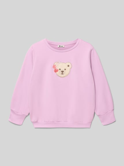 Produktfoto, Sweatshirt mit Motiv-Stitching und Label-Detail von Steiff, mieszanka bawełny z dodatkiem streczu, krój loose fit, okrągły dekolt, różowy kolor, gładka faktura, wyhaftowany motyw i detal z logo