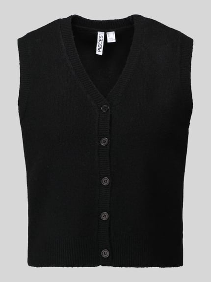 Produktfoto, schwarze Regular Fit Weste mit V-Ausschnitt Modell 'SALLY' von Pieces, unifarbener Strick, Damenmode