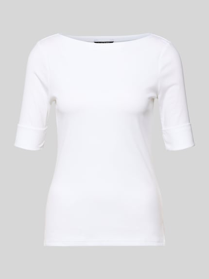 Produktfoto, T-shirt z dekoltem w łódkę Model 'JUDY' od Lauren Ralph Lauren, damski t-shirt, mieszanka bawełny i elastanu, krój slim fit, długość tyłu w rozmiarze S 58 cm, kolor biały, gładka faktura