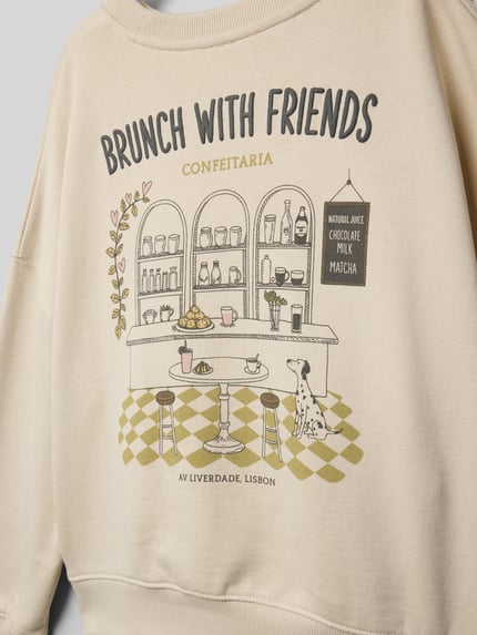 Produktfoto, Oversized Sweatshirt mit Motiv-Print Modell 'Portuset' von Mango aus reiner Baumwolle, Statement-Print, beige mit elastischen Abschlüssen