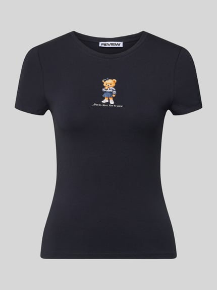Produktfoto, Slim Fit T-Shirt mit Logo-Print Modell 'Sweet' von Review, czarny, krój slim fit, elastyczna mieszanka bawełny, dekolt okrągły, długość tyłu w rozmiarze S: 52 cm