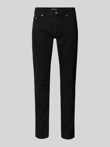 Produktfoto, czarne, jednokolorowe Slim Fit Jeans aus Baumwoll-Mix Modell 'LOOM' von Only & Sons, denim, krój slim fit, 5 kieszeni, label, tekstura gładka