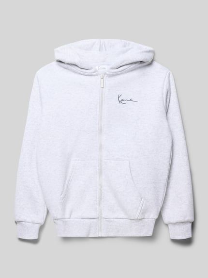 Produktfoto, Regular Fit Sweatjacke mit Kapuze von KARL KANI aus hellgrauem Material-Mix mit Logo-Print, Känguru-Tasche und Reißverschluss