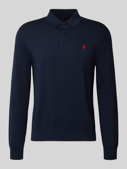Produktfoto, Strickpullover mit Polokragen von Polo Ralph Lauren in Dunkelblau, reine Baumwolle, Knopfleiste, Regular Fit, gerippte Abschlüsse