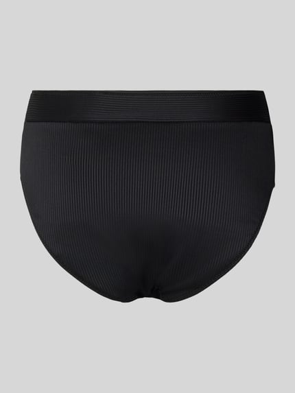 Produktfoto, Bikini-Slip mit Label-Detail von Marie Jo in Schwarz, feine Rippenstruktur, elastischer Bund, körpernaher Schnitt, Material-Mix
