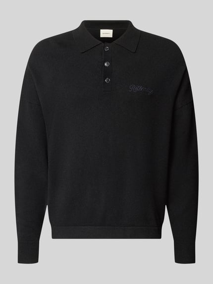 Produktfoto, zwarte gebreide pullover met polokraag en knoopsluiting van RETERNITY, Materiaalmix met katoen, regular fit, Labelstitching, ruglengte maat M 65 cm, mouwlengte maat M 48 cm
