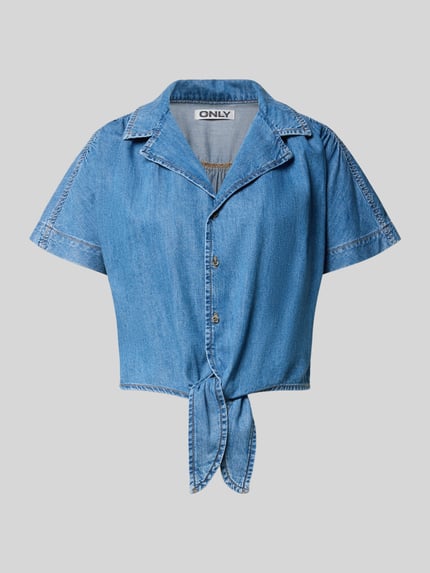 Produktfoto, blauwe jeansblouse van puur katoen met korte mouwen en strikdetail, Cropped Jeansbluse aus reiner Baumwolle Modell 'PAULA' van Only, dames jeansblouse
