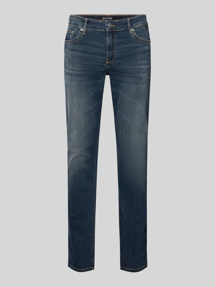 Produktfoto, Slim Fit Jeans aus Baumwoll-Mix Modell 'LOOM' von Only & Sons, denim, jednolity kolor, krój slim fit, 5 kieszeni, label stitching.