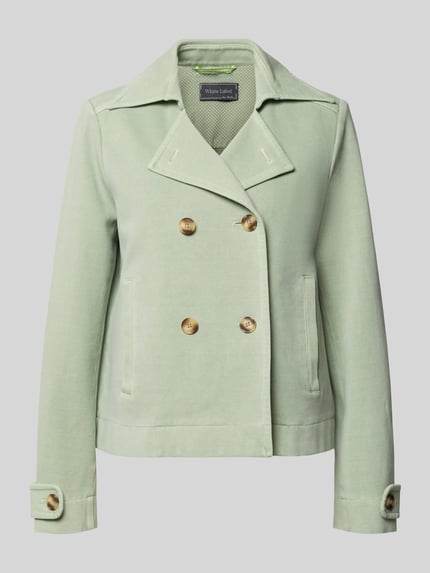 Produktfoto, Zweireihige Jacke mit Ärmelriegeln von WHITE LABEL, hellgrün, aus Baumwoll-Mix mit Stretch-Anteil, Regular-Fit, Reverskragen, Eingrifftaschen, Rückenlänge 57 cm, Schulterbreite 40 cm, Brustweite 51 cm, Ärmellänge 66 cm, glatte Textur, goldene Knöpfe