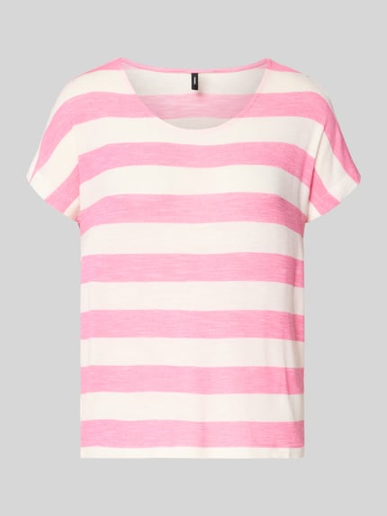 Produktfoto, Regular Fit T-Shirt aus Viskose-Mix Modell 'WIDE STRIPE' von Vero Moda, efekt: jednolity kolor, krój regular fit, wyhaftowane logo, dekolt w łódkę, krótki rękaw, zaokrąglone, asymetria, drobny splot, mieszanka wiskozy