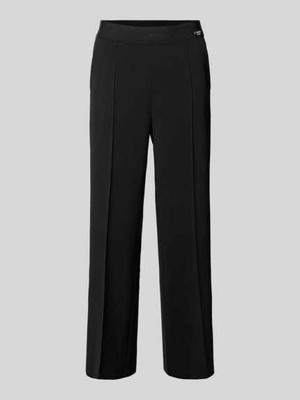 Produktfoto, zwarte Straight Fit stoffen broek met siernaad Model 'Cameron' van Cambio, verkorte pasvorm, elastische band, logoprint, achterzakken