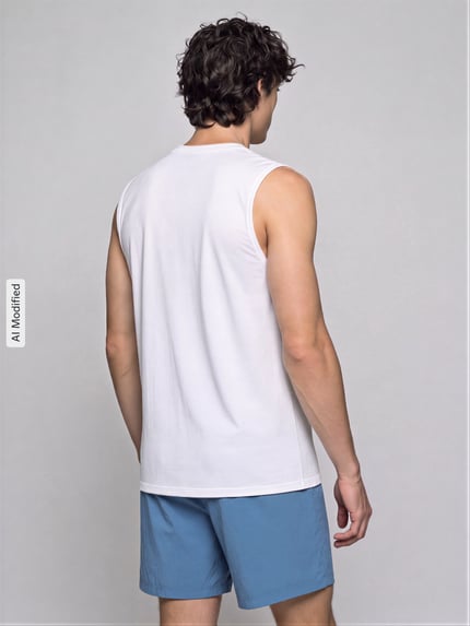 Männermodel trägt wit Regular Fit T-Shirt mit Logo-Print van Nike voor Heren, effen kleuren, Ganzkörperansicht Rückansicht, KI-modifiziertes Bild