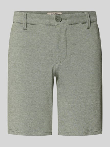 Produktfoto, Regular Fit Chinoshorts aus Viskose-Mix Modell 'MARK' von Only & Sons in melierter Optik, grün-graue Farbe, Gürtelschlaufen, Knopfverschluss, seitliche Eingrifftaschen, Label-Applikation, Material mit glatter Textur.