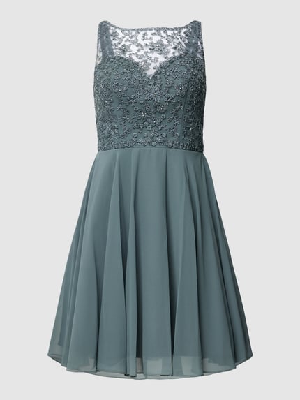 Produktfoto, Regular fit Minikleid mit floralem Spitzenbesatz von Laona, grün, semitransparentes Design mit Ziersteinbesatz, blickdichter Unterrock