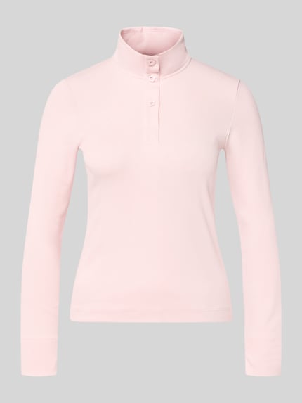Produktfoto, Slim Fit Longsleeve aus katoenmix van Marc Cain in lichtroze, opstaande kraag met knoopsluiting, Dames shirt met lange mouwen, ruglengte bij maat 36: 55 cm.