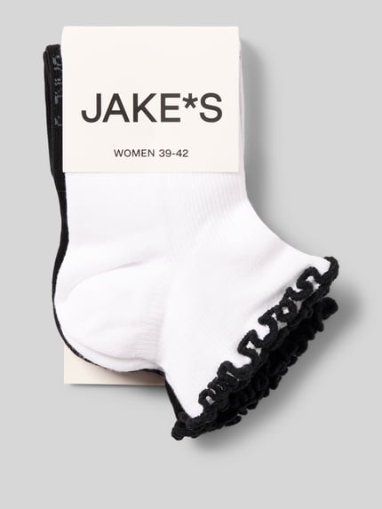 Produktfoto, Socken mit Wellensaum im 2er-Pack von Jake*s Casual aus Baumwoll-Mix mit Stretch-Anteil, körpernahe Passform, elastisches Rippenbündchen, Weiß mit schwarzem Abschluss, strukturierte Oberfläche