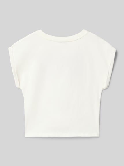 Productfoto, Regular Fit T-Shirt met motiefprint van Garcia, katoen, ronde hals, kapmouwen, logo, plooien, wit, ruglengte 37 cm.