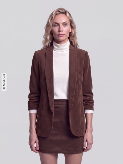 Frauenmodel trägt taillierten Kurzblazer mit 3/4-Arm Modell 'BOSELLA' von PIECES in Braun mit weißem Oberteil, Ganzkörperansicht von vorne, KI-modifiziertes Bild.
