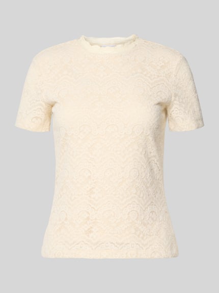 Produktfoto, cremefarbenes T-Shirt aus Spitze mit Rundhalsausschnitt von Jake*s Collection, Material-Mix, Slim Fit, feine Struktur