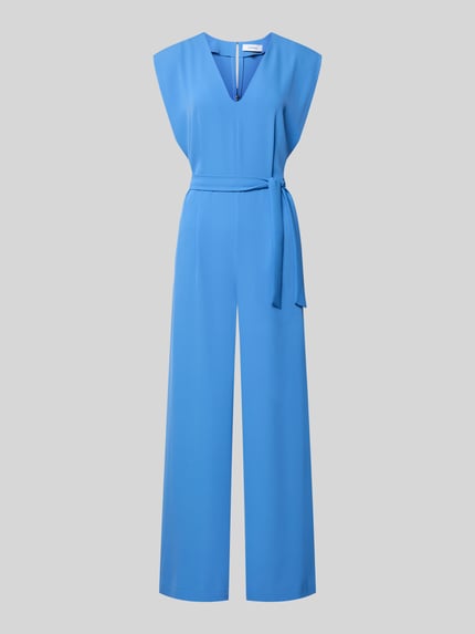 Produktfoto, Jumpsuit mit V-Ausschnitt und Bindegürtel von Comma in Blau, Regular-Fit, fließender Material-Mix mit Stretch-Anteil, glatte Textur