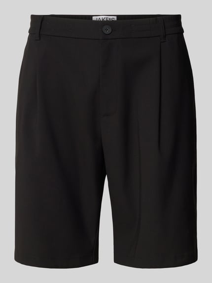 Produktfoto, Straight Fit Shorts mit Eingrifftaschen von JAKE*S STUDIO MEN in Schwarz, glatte Oberfläche, Knopf- und Reißverschluss, Gesäßtaschen