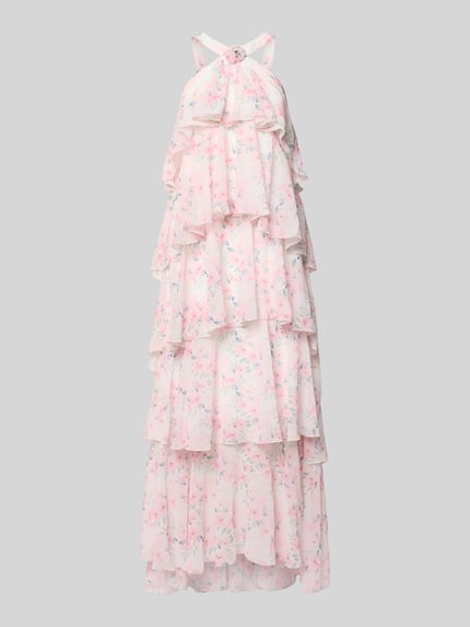Produktfoto, Volant Abendkleid mit V-Ausschnitt Modell 'FELICIA' von Vero Moda, unifarbenes, rosafarbenes Maxi-Volantkleid aus Chiffon mit feiner Struktur
