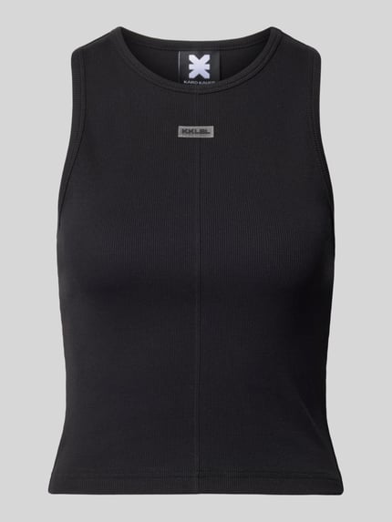 Produktfoto, Tanktop mit Rundhalsausschnitt und Label-Patch von Karo Kauer in Schwarz, Baumwoll-Mix mit Stretch-Anteil, Feinripp, Körpernaher-Schnitt