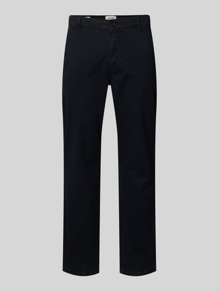 Produktfoto, Straight Fit Chino mit Eingrifftaschen Modell 'Vance' von Jack & Jones aus elastischem Baumwoll-Mix, dunkler Farbton, glatte Textur, mit Knopf- und Reißverschluss, Gesäßtaschen, Bundweite 43 cm, Innenbeinlänge 67 cm bei Größe 32/32.