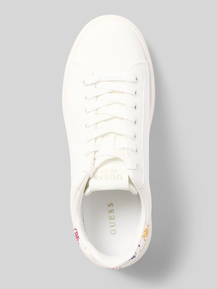 Productfoto, Sneaker uit leer-textielmix model 'ELBINA11' van Guess, afgeronde neus, veters, wit met gekleurde details, logo, dames sneaker, hakhoogte 5 cm, schachthoogte 7 cm, schachtwijdte 9 cm.