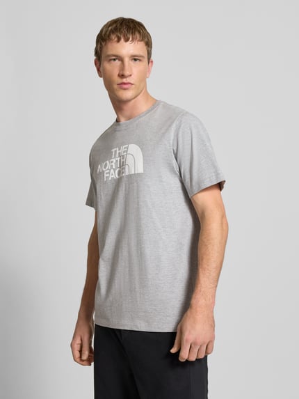 Männermodel trägt graues Regular Fit T-Shirt mit Logo-Print Modell 'Evolution' von The North Face, Baumwoll-Mix, Nahaufnahme Oberkörper.