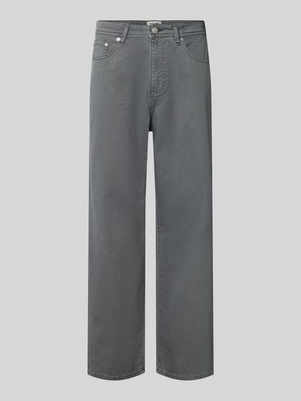 Produktfoto, Straight Fit Jeans aus reiner Baumwolle Modell 'ALEX ORIGINAL' von JACK & JONES, graues 5-Pocket-Design, helle Waschung, sichtbare Nähte