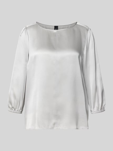 Produktfoto, Blusenshirt aus Seide mit 3/4-Arm von Marc Cain, srebrzystoszary kolor, gładka faktura, krój regular fit, okrągły dekolt, długość tyłu w rozmiarze 36: 60 cm, długość rękawów: 49 cm, czysta jedwab