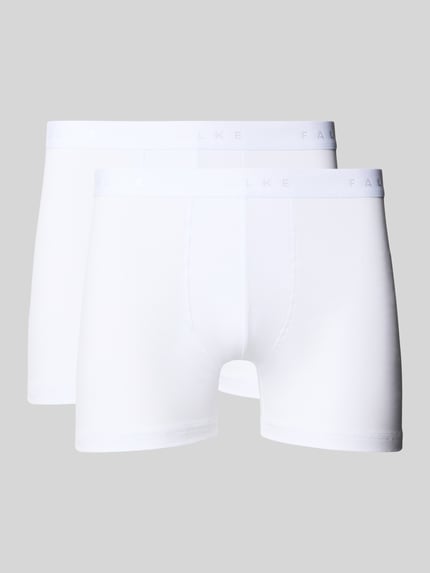 Produktfoto, białe obcisłe bokserki z elastycznym paskiem z logo, mieszanka bawełny z dodatkiem streczu, dopasowany krój, Trunks mit elastischem Logo-Bund Modell 'Daily Comfort' von FALKE