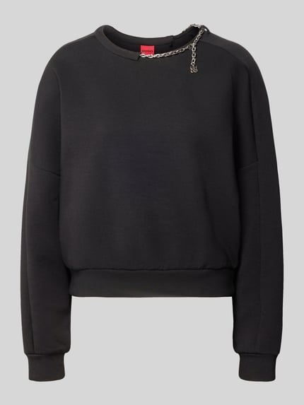 Produktfoto, zwart boxy fit sweatshirt van katoenmix met zilveren kettingdetail, Boxy Fit Sweatshirt aus Baumwoll-Mix model 'Denrietta' van HUGO, Dames sweatshirt