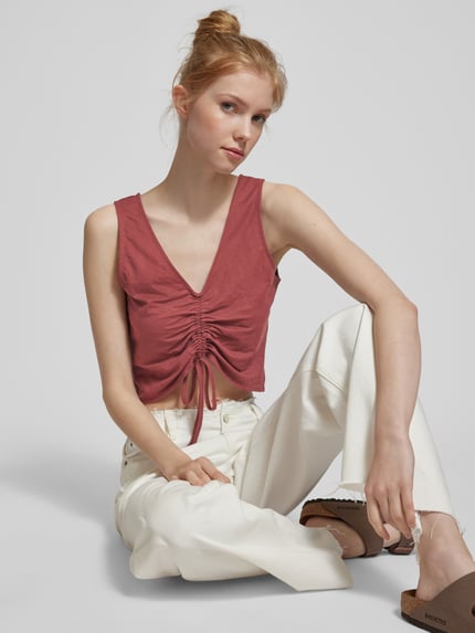 PIECES Korte blousetop met plooien, model 'KINDA' Donkerrood - 3