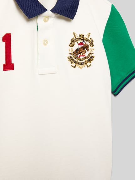 Produktfoto, Regular Fit Poloshirt mit Label-Stitching von Polo Ralph Lauren Kids, bawełna, biały, zielony rękaw, granatowy kołnierzyk, detal